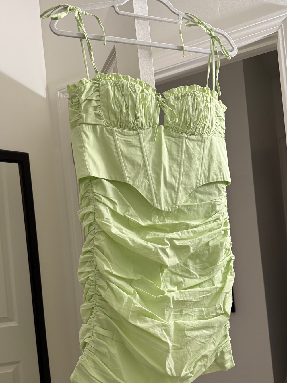 Oh Polly Light Green Ruched Tie-Strap Mini Dress